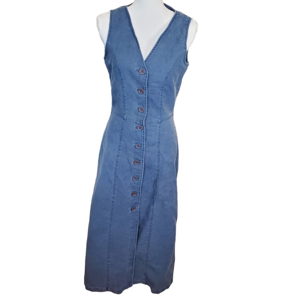 Y2K Blue Shirt Maxi Dress Long Sz Small Sleeveless Cotton Ramie Cottagecore
